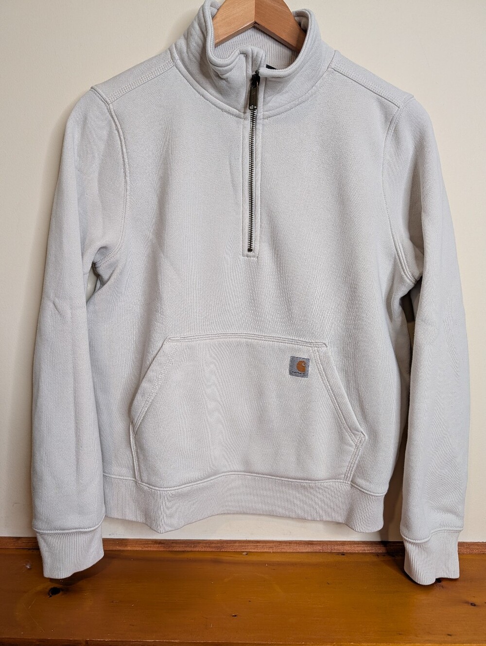 Carhartt Women's M Half Zip Sweatshirt Cream Relaxed Fit Kangaroo Pocket EUC